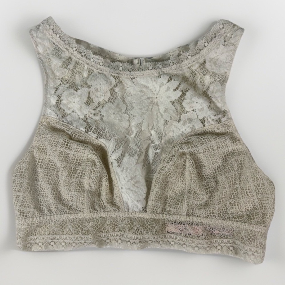 Victorias Secret Lace Bralette‎ Womens Medium Beige Ivory High Neck Wireless